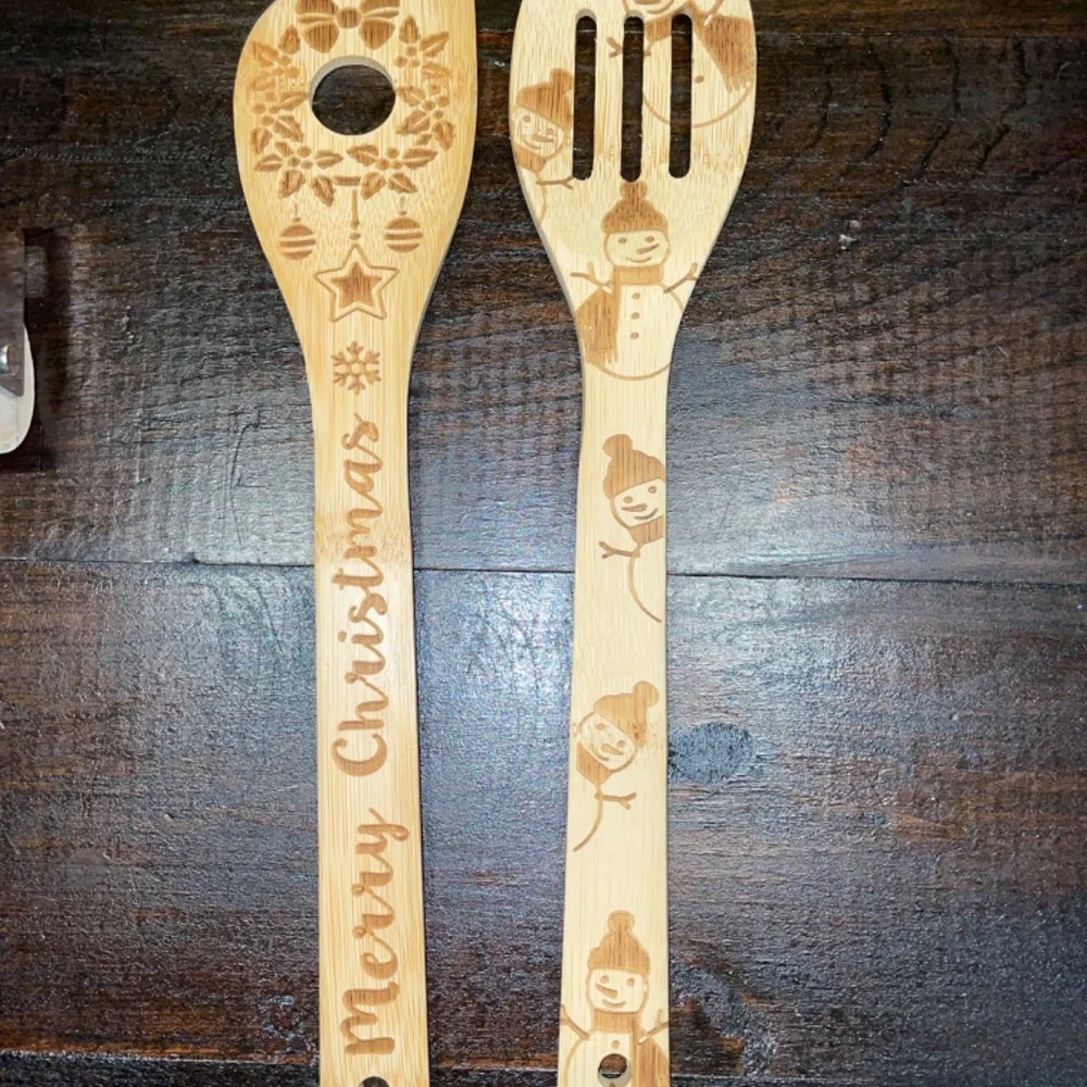 Christmas Bundle 2burned Wooden Spoons‎ & 1 Cookie Dough Snowflake Rolling Pin